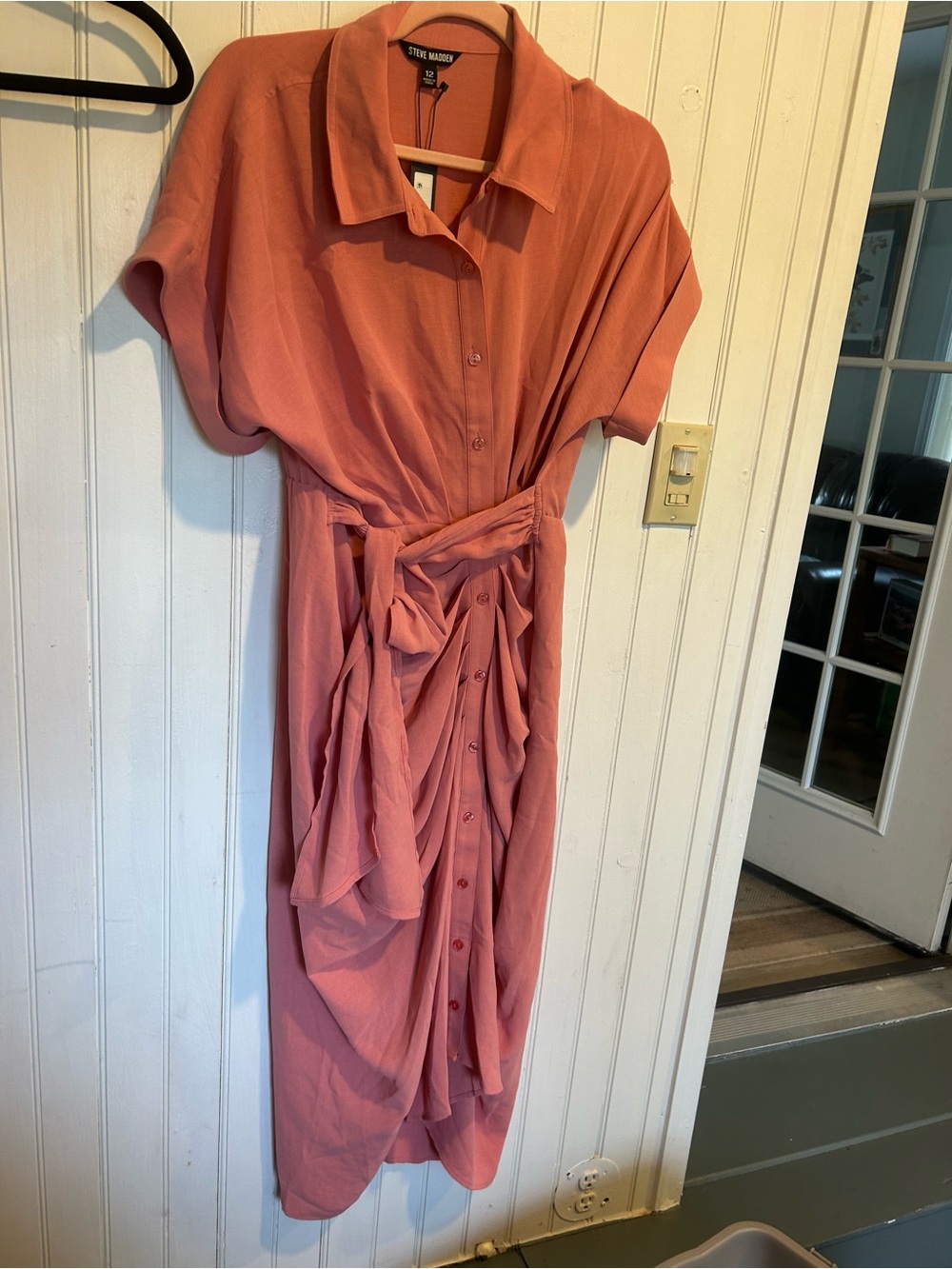 Steve Madden Dusty Rose Button-Front Midi Shirt Dress with Tie Waist